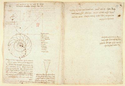 Arundel 263 f.44v、f.59 横顔の目と鼻のスケッチ。 「Codex Arundel」の水に関するメモ (紙にペンとインク) 作： Leonardo da Vinci