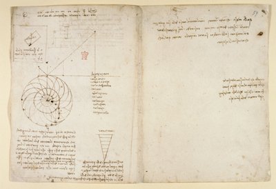 Arundel 263、f.44v、f.59 横顔の目と鼻のスケッチ。 「Codex Arundel」の水に関するメモ (紙にペンとインク) 作： Leonardo da Vinci
