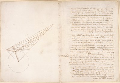 Arundel 263, f.46v, f.57 「Codex Arundel」からの Alhazen の問題に関する光学の図 (紙にペンとインク) 作： Leonardo da Vinci