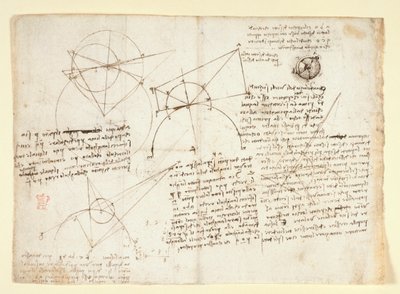 Arundel 263, f.64v 1 枚の大きな葉の裏面。以前は右端に沿って綴じられ、ノートに折り畳まれていました。 Alhazenの問題に関する、光学に関するメモと図。 Lに関するメモを伴う眼球の模式図 作： Leonardo da Vinci
