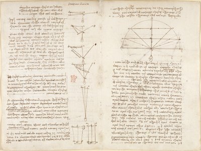 Arundel 263, f.6v, f.9 「Codex Arundel」の「Elementi machinali」と題された力学に関するメモと図 作： Leonardo da Vinci