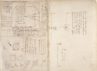 Arundel 263、f.72v、f.69 「Codex Arundel」からの力学と重心に関するメモと図、c.1503-5 (紙にペンとインク) 作： Leonardo da Vinci