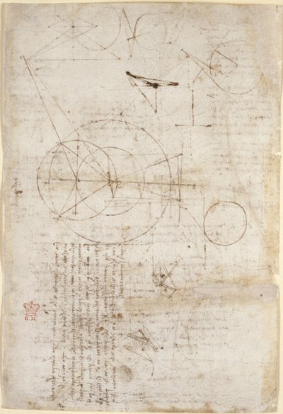 Arundel 263、f.95v Alhazen の問題に関する光学に関するメモと図。 「Codex Arundel」からの格子構造を表す 2 つのスケッチ、c.1506-08 (紙にペンとインク) 作： Leonardo da Vinci