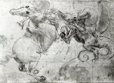ライダーとドラゴンの間の戦い、1482年頃（スタイラスの描画、紙にペンとブラシ） 作： Leonardo da Vinci