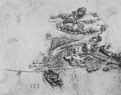 ロープフェリーのある川の鳥瞰図、c1480 1945 作： Leonardo da Vinci