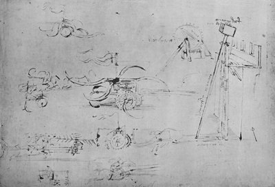 鎌と殻で武装した戦車と三槍を持つ騎士、c1480、1945 作： Leonardo da Vinci