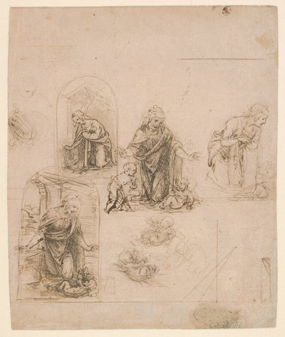 キリストの子供を崇拝する聖母の構成スケッチ、1480-85（シルバーポイント） 作： Leonardo da Vinci