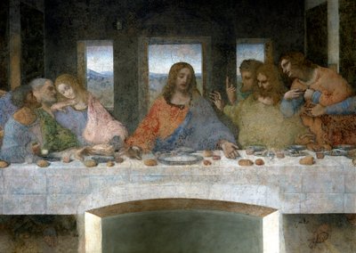 左にユダ、ペテロ、ヨハネ、中央にキリスト、トマス、少佐ヤコブ、フィリッポの各使徒を表した「Il Cenacolo（Ultima Cena）」のディテール。ヨハネとキリストの間にある「V」の文字は、「聖杯」または「Th」の杯を意味している。 作： Leonardo da Vinci