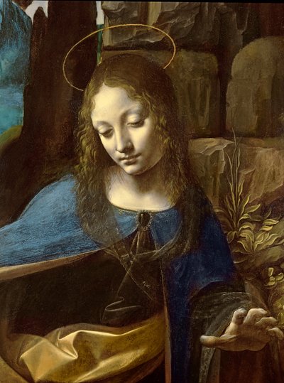 The Virgin of the Rocks（天使を伴う幼児キリストを崇拝する幼児聖ヨハネの聖母）からの聖母の頭の詳細、c.1508 作： Leonardo da Vinci