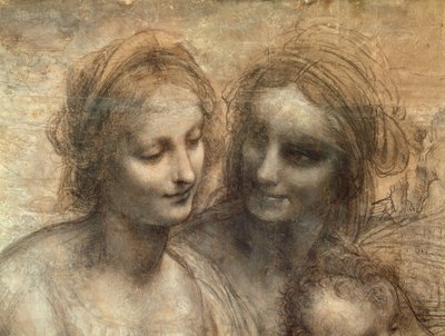 SSの聖母子からの聖母子と聖アンナの頭の詳細。アンとバプテスマのヨハネ、1499年頃（紙に木炭と白チョーク、キャンバスにマウント） 作： Leonardo da Vinci