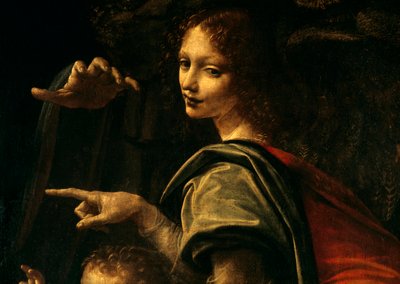 岩を持つ聖母、指を差す洗礼者聖ヨハネ、聖母マリアの手のディテール 作： Leonardo da Vinci