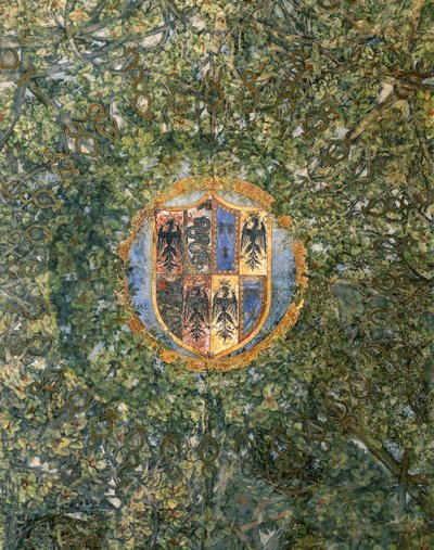 幾何学的な枝のパーゴラをデザインした「Sala delle Asse」のアーチ型天井の詳細、1498年頃（フレスコ画 作： Leonardo da Vinci