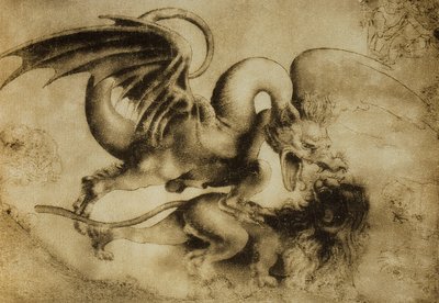 レオナルドダヴィンチが描いた、ライオンを殺すドラゴン。内閣描画と版画、ウフィツィ美術館、フィレンツェ 作： Leonardo da Vinci