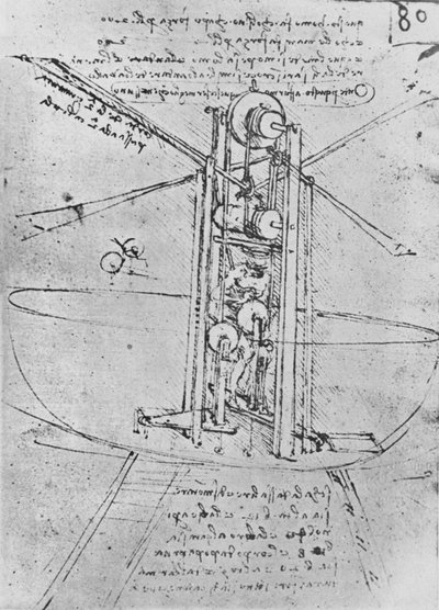 操縦する人がいるフライングマシンの図、c1480 1945 作： Leonardo da Vinci