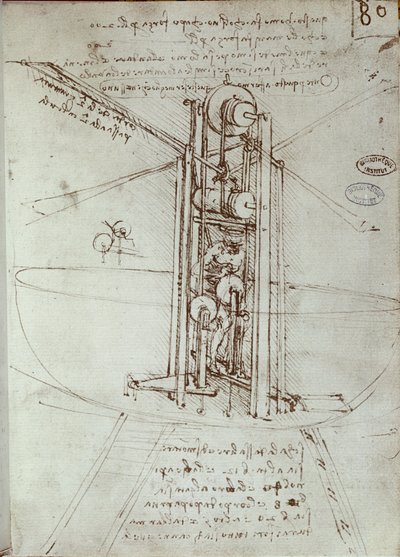 飛行推進機の図面。レオナルド・デ・ヴィンチの手稿（レオナルド・ダ・ヴィンチ 作： Leonardo da Vinci