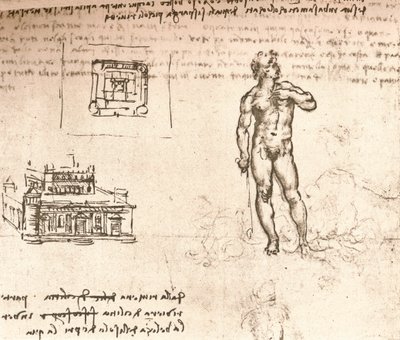 城の計画の描写、および墨汁で洗ったヌードの図、c1472-c1519 1883 作： Leonardo da Vinci