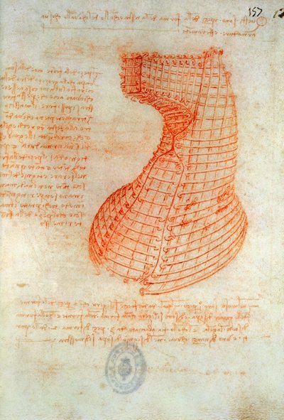スフォルツァ馬、Folの頭の鉄工鋳造鋳型の描画。 57（recto）、Codex Madrid I、c.1491-93（紙にペンと茶色のインク）から 作： Leonardo da Vinci
