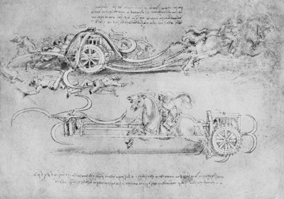 鎌で武装した2種類の戦車の絵、c1480 1945 作： Leonardo da Vinci