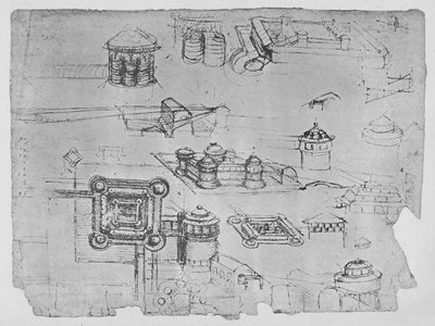 正方形の城の絵、c1480 1945 作： Leonardo da Vinci
