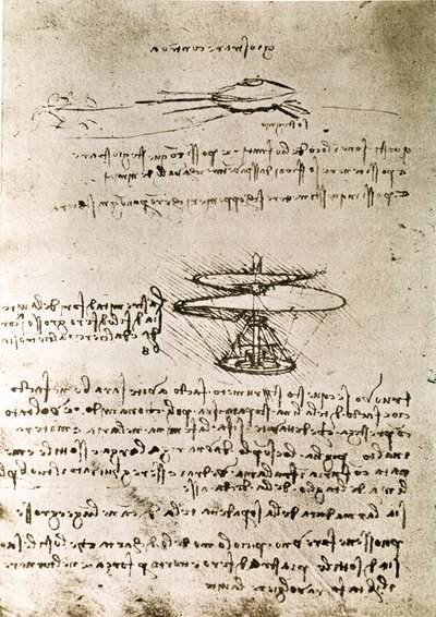 空中スクリュー（ヘリコプター）」の原理と構造を記したダ・ヴィンチ手稿からの抜粋（原稿） 作： レオナルド・ダ・ヴィンチ