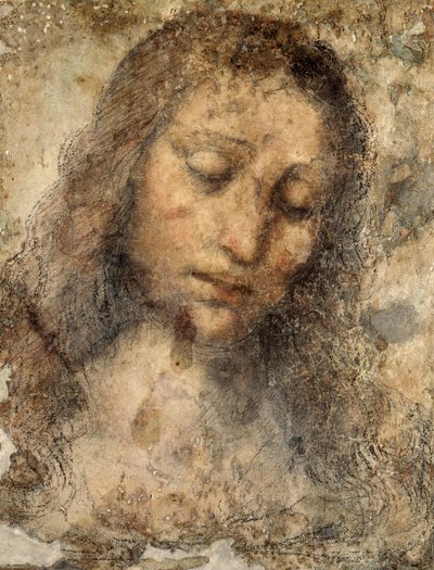 レオナルド学校によるイエス・キリストの顔、レオナルド・ダ・ヴィンチ（1452-1519）による最後の晩餐からのコピー 作： Leonardo da Vinci