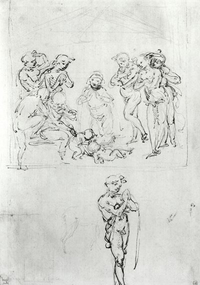 賢者の崇拝のための図研究、c.1481（紙の上にペンとインクとメタルポイント） 作： Leonardo da Vinci