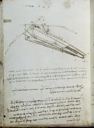 空飛ぶ機械の絵。レオナルド・デ・ヴィンチの手稿（レオナルド・ダ・ヴィンチ 作： Leonardo da Vinci