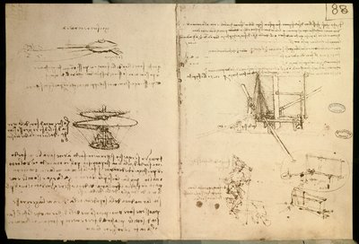 ヘリコプターのような飛行機械の最初の絵の1つである飛行機械c。 1487年 作： Leonardo da Vinci