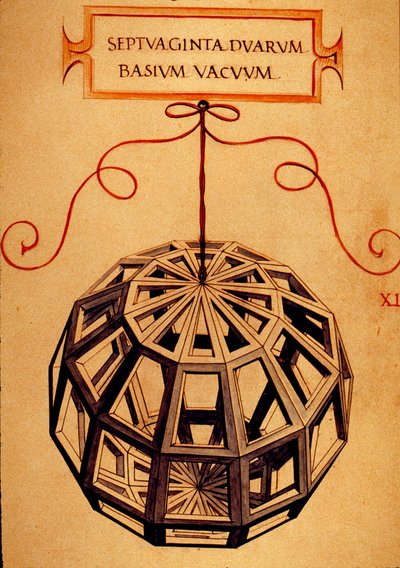 幾何学。「多面体」 数学者フラ・ルカ・パチョーリ（ルカ・ディ・ボルゴ）（1445-1517）の手稿「神の比例について」のページをレオナルド・ダ・ヴィンチ（1452-1519）が描いたもの。 作： Leonardo da Vinci