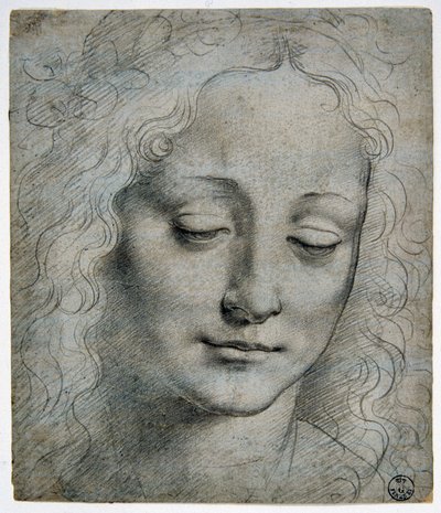 ジョヴァンニ・アントニオ・ボルトラフィオ（ベルトラフィオ）（1467 - 1516）（レオナルド・デ・ヴィンチの最も有名な弟子）：ヴェロッキオの方法で葉の冠を被った少年の頭部、GDSU 425 E 作： Leonardo da Vinci