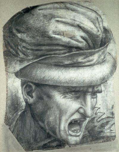 戦士の頭、「アンギアリの戦い」の詳細のコピー（紙に黒いチョーク） 作： Leonardo da Vinci