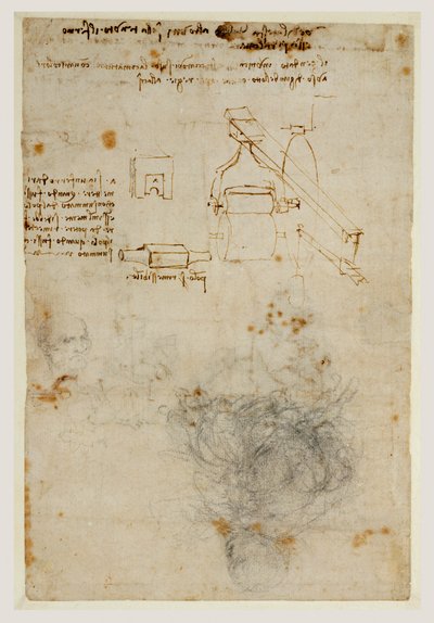 老人の頭と機械の研究、1503-06年頃（黒チョーク、ペン、茶色インク） 作： Leonardo da Vinci
