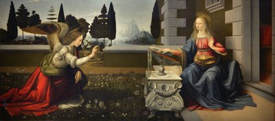 Italy Tuscany Florence, Uffizi Gallery: The Annunciation, Painting by Leonardo da Vinci (1452-1519), Oil on wood, ca. 1472-1475, 98x217 cm   1463941   ja       japanese Successfully Translated  Original: A View of the French Raft, as seen Afloat at St. Mal 作： Leonardo da Vinci