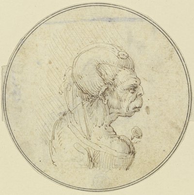 老婦人の風刺画。胸元にバラを添えた胸像で、右向きの横顔 作： Leonardo da Vinci