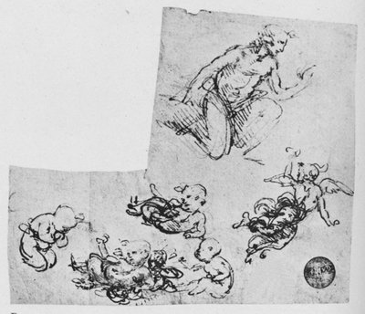 ひざまずく若者とプッティ、c1480 1945 作： Leonardo da Vinci