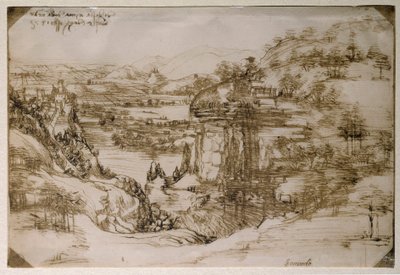 サンタ・マリア・デラ・ネーヴェの風景：アルノ渓谷の風景（鉛筆画 作： Leonardo da Vinci