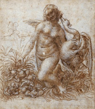 レダと白鳥（紙に黒チョークの上にペンと茶色のインクを使用 作： Leonardo da Vinci