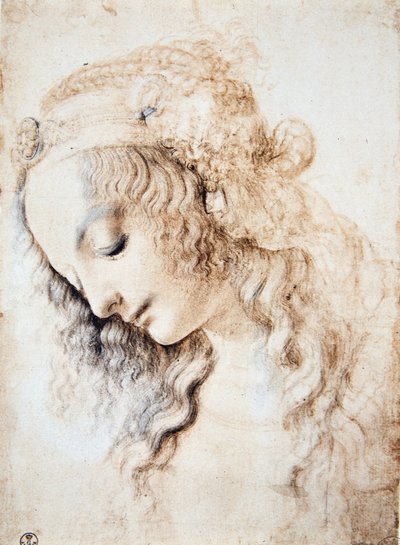 レオナルド・ダ・ヴィンチ（Leonardo da Vinci）（1452 - 1519）。目を閉じて頭を下げ、髪を宝石で装飾されたバンドで飾った少女の肖像（Immagina 作： Leonardo da Vinci