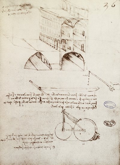 Manuscript B, f 36 r 盛り上がった道路のある都市の建築物のスタディ、展開図、断面図（紙にペン・インク 作： Leonardo da Vinci