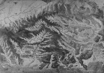 アルノの流域を示す北イタリアの地図、c1480 1945 作： Leonardo da Vinci