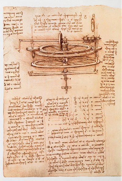 Ms 8937 fol.142r 水車の習作、「コデックス・マドリッドI」、1493-97年頃（紙にペンとインク 作： Leonardo da Vinci