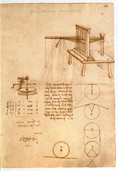 Ms 8937 fol.68r 「コデックス・マドリッドI」1493-97年頃の織物機械の習作（紙にペンとインク 作： Leonardo da Vinci