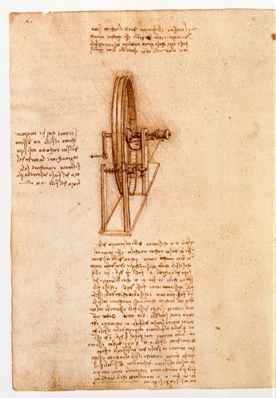 Ms 8937 fol. 65v 紡ぎ車の習作、「コデックス・マドリッドI」、1493-97年頃（紙にペン・インク 作： Leonardo da Vinci