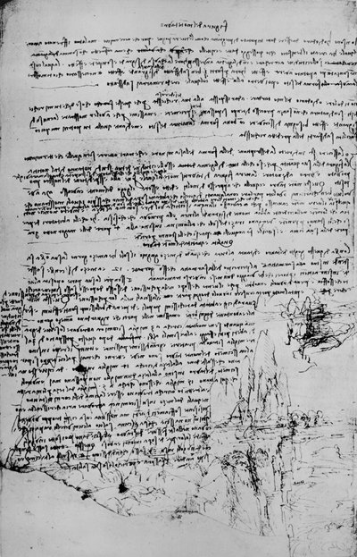 風景のスケッチを含むテキストのページ、c1480 1945 作： Leonardo da Vinci