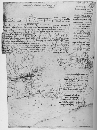風景のスケッチを含むテキストのページ、c1480 1945 作： Leonardo da Vinci