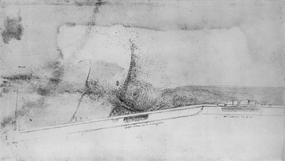 アルノを迂回させるための堤防の計画、c1480 1945 作： Leonardo da Vinci