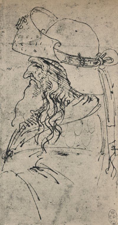 大きな帽子を被った老人の左側の横顔、c1480 1945 作： Leonardo da Vinci