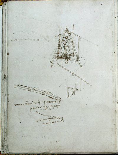科学技術：飛行機械に関する原稿、ヘリコプターの祖先。レオナルド・ダ・ヴィンチ（Leonardo da Vinci）(1452-1519)の書。1487年頃。パリ、フランス学士院の図書館 作： Leonardo da Vinci