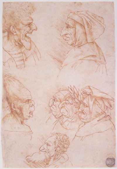 グロテスクな顔の7つの研究（紙に赤いチョーク） 作： Leonardo da Vinci