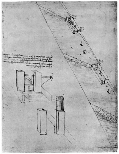 水門のスケッチ、1954年後半または15世紀初頭。 作： Leonardo da Vinci